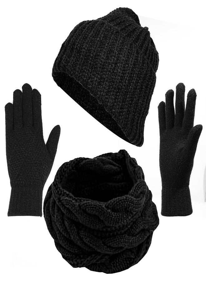 ROPCIA Winter Women Beanie Hat Scarf Gloves Headband Set Warmer Knit Hats Scarf Touchscreen Gloves Crochet Headband Winter Gifts (4pcs Black) - Image 1
